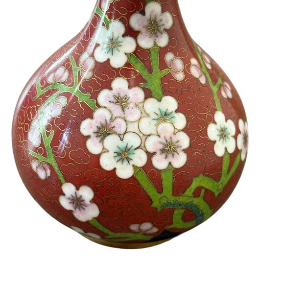Vintage Chinese Cloisonné Vase With Cherry Blossom Design Red Gold Trim - Picture 5 of 5
